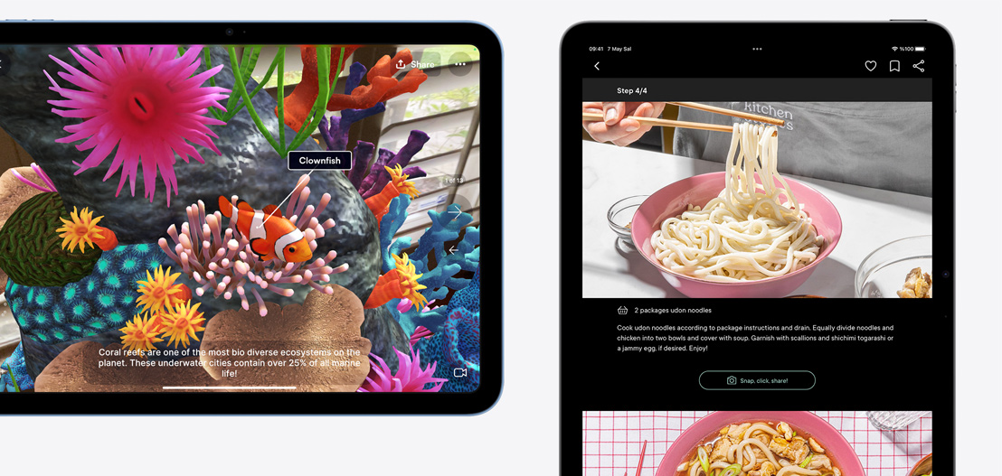 Ekranında Jigspace ve Kitchen Stories uygulamaları gösterilen bir iPad ve iPad Air.