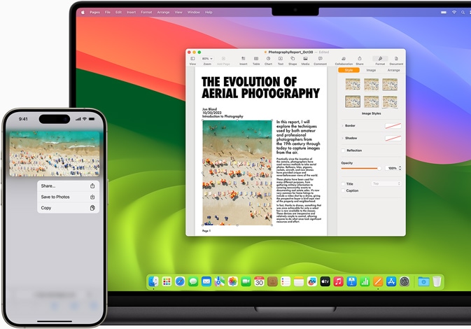 iPhone’da kopyaladığı görseli MacBook Pro’daki belgeye yapıştıran bir kullanıcı gösteriliyor