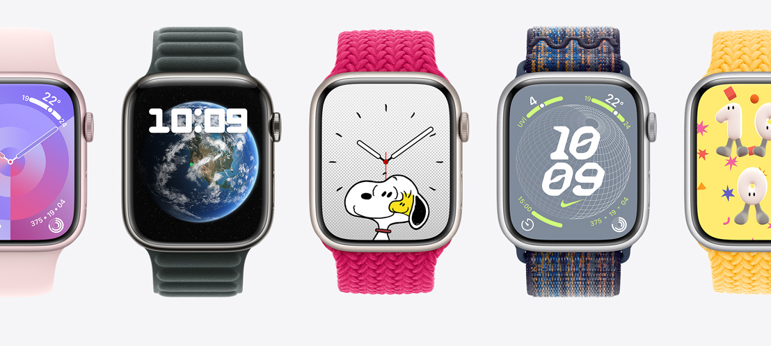 Farklı saat kadranlarıyla beş adet Apple Watch Series 9 gösteriliyor. Palet kadranı, Modüler kadran, Snoopy kadranı, Nike Globe kadranı ve Teneffüs kadranı.