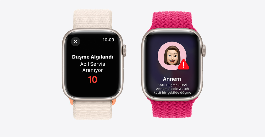 İki adet Apple Watch Series 9. İlkinde düşme algılandı ekranında acil servisin arandığı gösteriliyor. İkincide ise “Anne” isimli kişinin sert bir şekilde düştüğünün algılandığı ve acil servisin arandığı gösteriliyor.