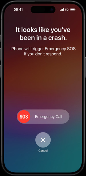 The Crash Detection screen saying "It looks like you’ve been in a crash. iPhone will trigger Emergency SOS if you don’t respond"