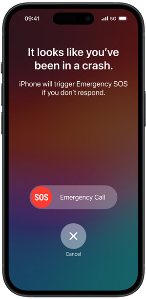 The Crash Detection screen saying "It looks like you’ve been in a crash. iPhone will trigger Emergency SOS if you don’t respond."