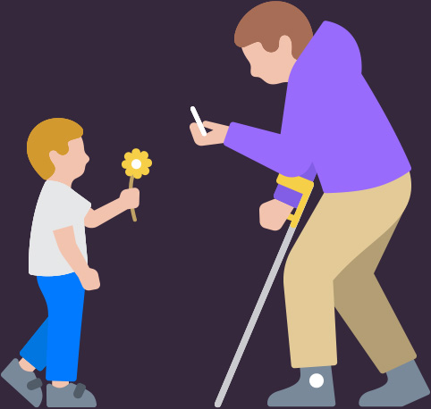 Man with mobility aid taking a photo of child holding a flower
