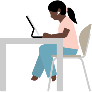 AirPodsot viselő nő, aki a fülhallgatót kognitív támogatáshoz használja, miközben egy iPaden dolgozik