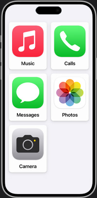 Vereenvoudigd iPhone-beginscherm met de apps Muziek, Oproepen, Berichten, Foto’s en Camera.
