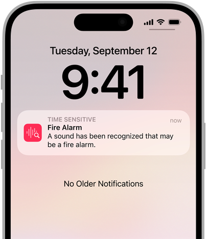 Advarsel om Lydgenkendelse for brandalarm på iPhone.