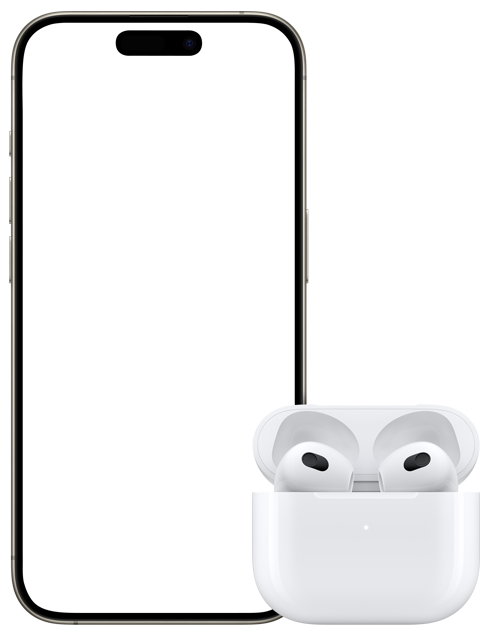 Kolmannen sukupolven AirPods ‑kuulokkeet latauskotelossa, laiteparin muodostamisen valkoinen merkkivalo palaa, kotelon vieressä on iPhone. Kuvassa iPhonen Koti-valikko ja pienempi ikkuna, jonka yhdistämispainike havainnollistaa, että AirPods-kuulokkeista voi muodostaa laiteparin napauttamalla.
