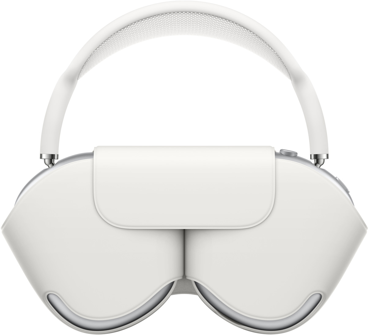 銀色 AirPods Max 配上相襯的白色智慧型耳筒套來保護耳罩；耳筒放入後會露出頂篷。
