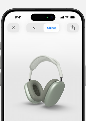 Kuva vihreistä AirPods Max ‑kuulokkeista lisätyn todellisuuden näkymässä iPhonessa.