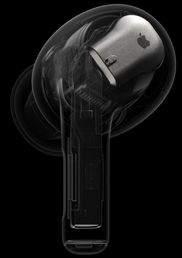 Прозрачен изглед вътре в AirPods Pro, акцентиращ върху H2 чипа в задната част на слушалката.