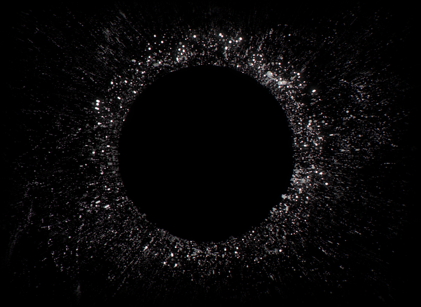 Animação do auricular direito no centro de um anel de pequenas partículas de ruído que se projetam para fora do círculo
