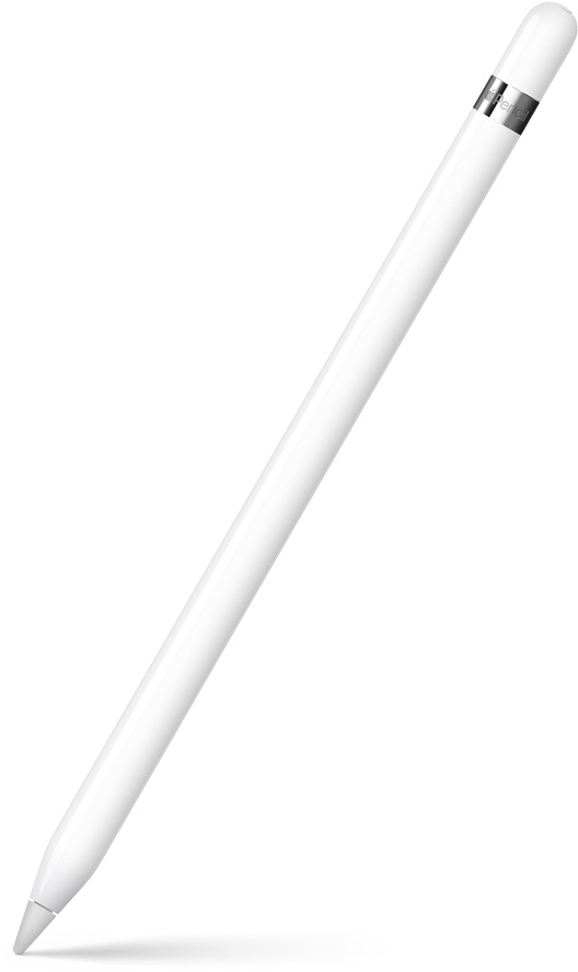Apple Pencil 1st generation, upright at an angle with the tip pointing down. The top shows a silver ring with the product name. A shadow effect is shown at the bottom.