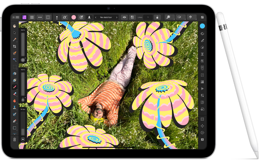 iPad 10th generation, landscape orientation, displaying a photograph in use with the Affinity Photo 2 for iPad app. Apple Pencil 1st generation leans against the side of the iPad.