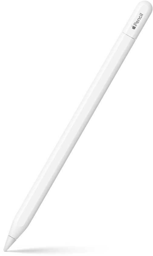 Apple Pencil USB-C, upright at an angle with the tip pointing down. The top is curved and shows the where the top slides open to connect to a USB-C cable. An Apple logo and name of the product is shown at the top. A shadow effect is shown at the bottom.