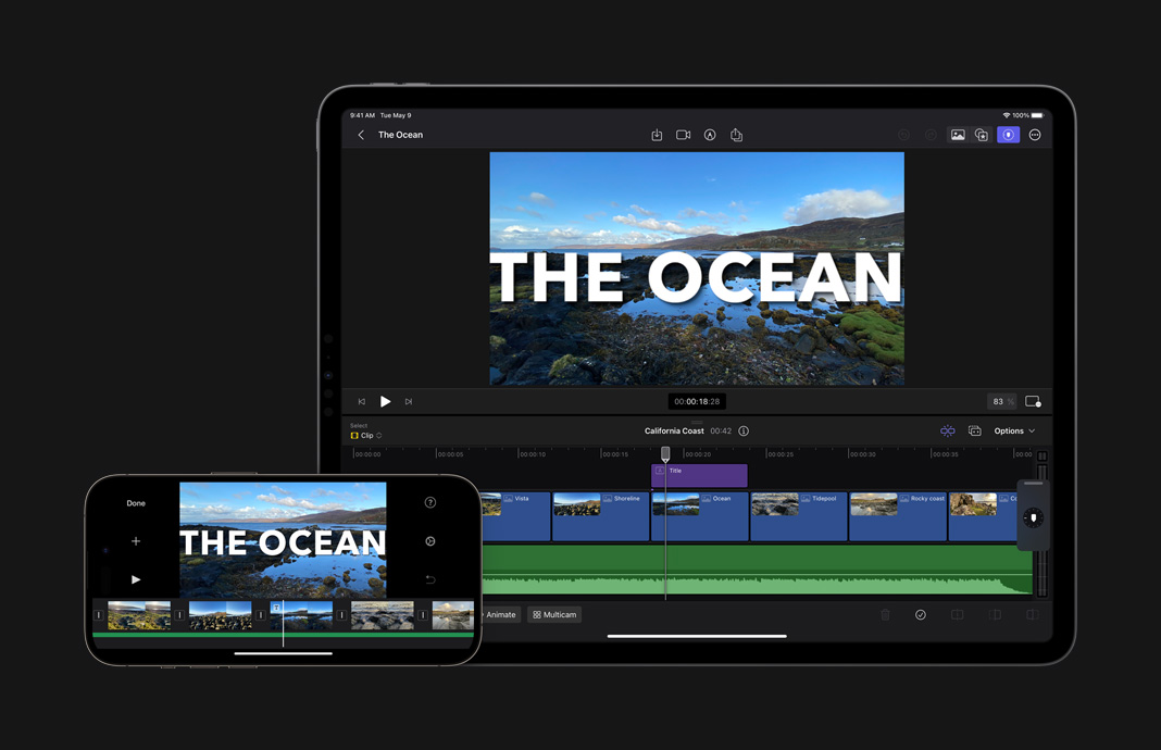 마무리 작업을 위해 iPad용 Final Cut Pro에서 iOS용 iMovie 프로젝트를 연 모습.