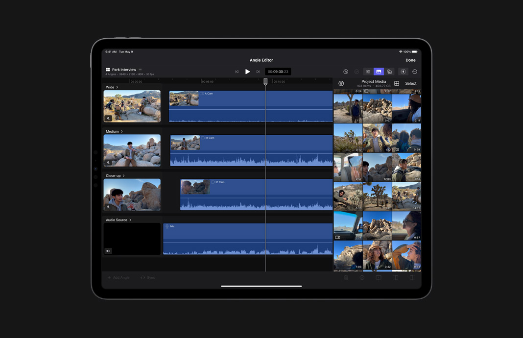 iPad Pro에서 iPad용 Final Cut Pro의 앵글 편집기를 사용해 멀티캠 비디오 및 오디오 클립을 편집하는 모습.