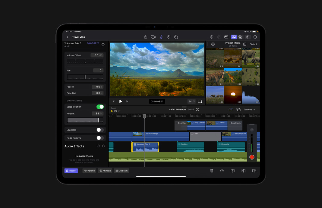 Adjusting audio to eliminate background noise in Final Cut Pro for iPad on iPad Pro.