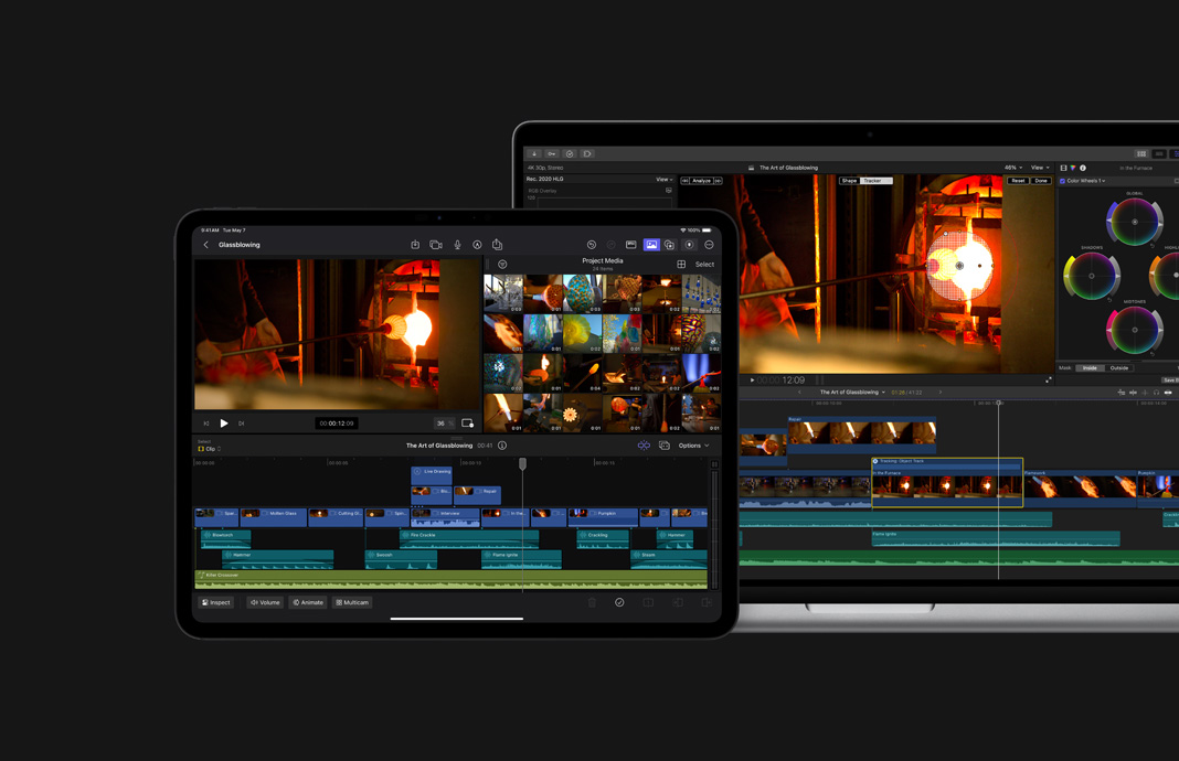 Footage of glassblowing shown on side-by-side iPad Pro and Mac. Apple Pencil with the title screen for a film in Final Cut Pro for iPad next to MacBook Pro with the same film being edited in Final Cut Pro.