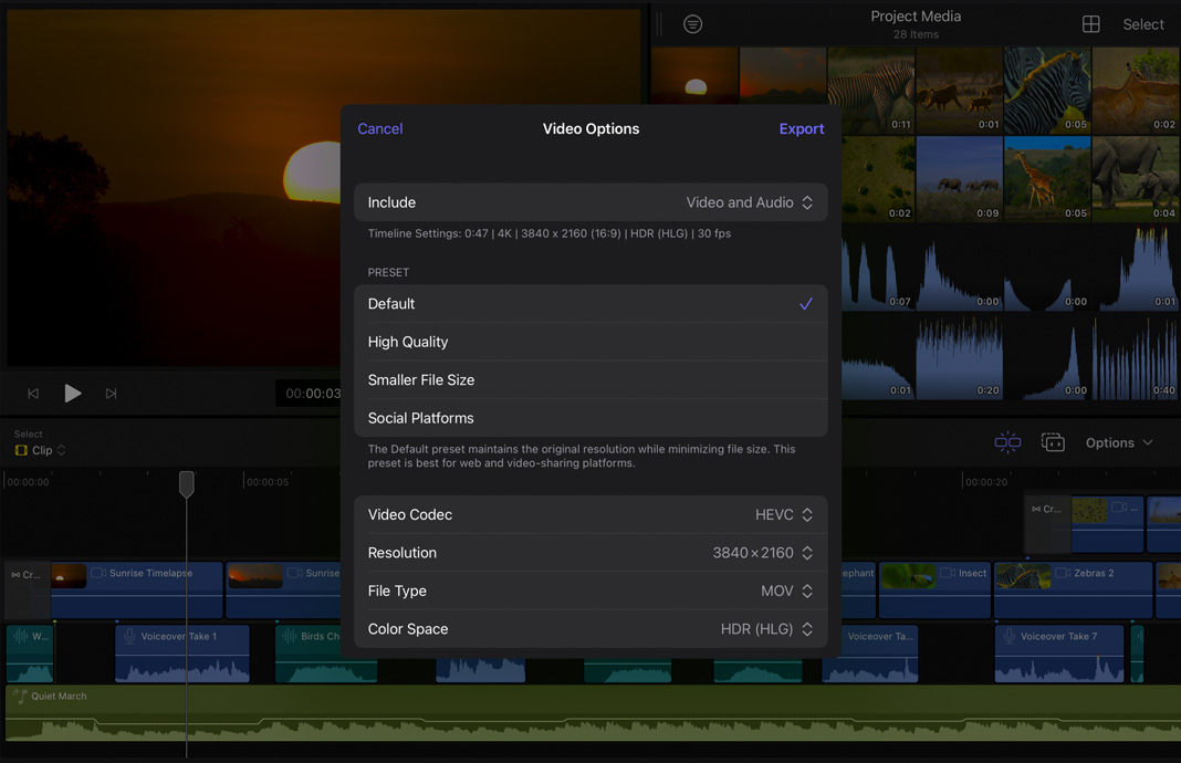 A menu showing various presets for sharing or rendering footage in Final Cut Pro for iPad.
