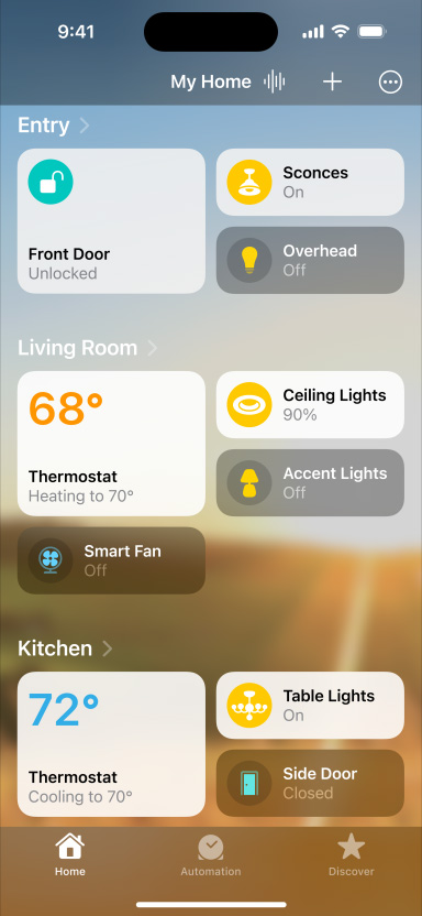 iPhone displaying my home, cameras, scenes, and entry
