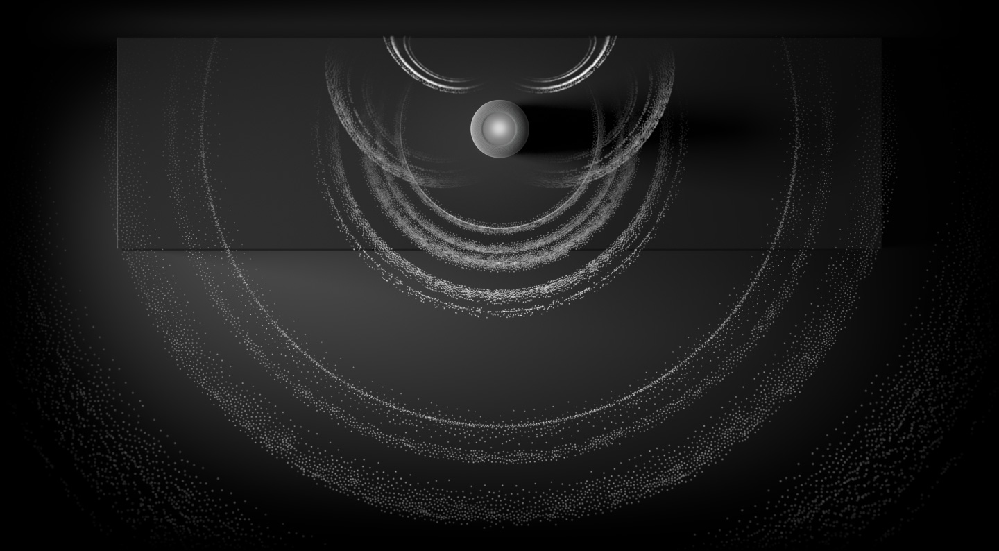 Una rappresentazione dell’audio spaziale, con l’animazione di onde concentriche di particelle che si irradiano da un HomePod visto dall’alto