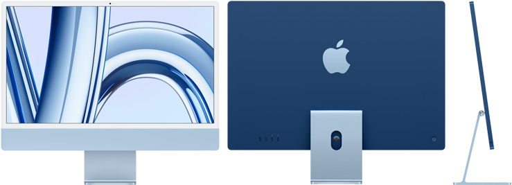 Imagem frontal, traseira e lateral do iMac azul
