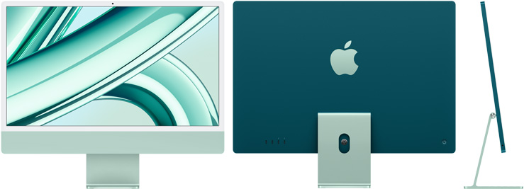 Imagem frontal, traseira e lateral do iMac verde