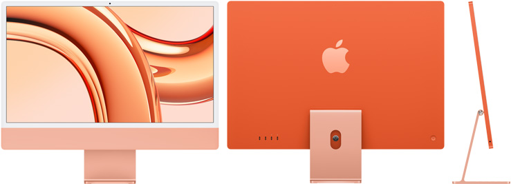 Turuncu iMac’in önden, arkadan ve yandan görünümü
