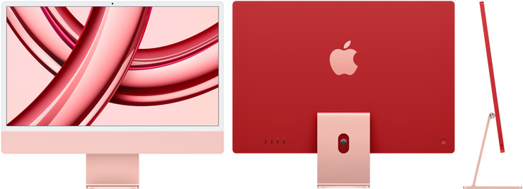 Imagem frontal, traseira e lateral do iMac rosa