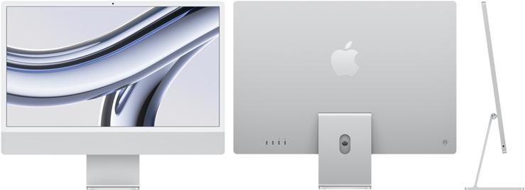 Gümüş rengi iMac’in önden, arkadan ve yandan görünümü