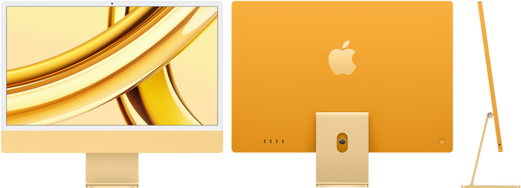 Imagem frontal, traseira e lateral do iMac amarelo