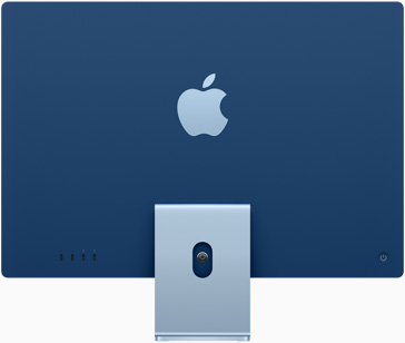 Vista trasera de un iMac azul con el logo de Apple en el centro, sobre la base
