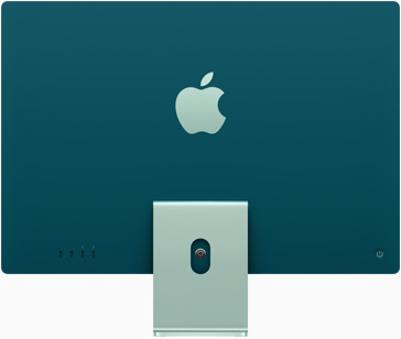 Vista trasera de un iMac verde con el logo de Apple en el centro, sobre la base