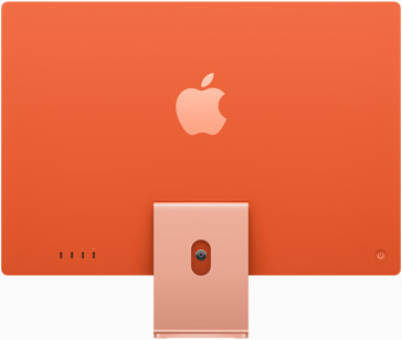 Parte de trás do iMac com o logotipo da Apple centralizado acima da base, na cor laranja.
