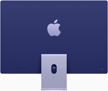Parte posterior de un iMac morado con el logo de Apple en el centro, sobre la base