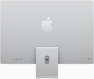 Rückseite des iMac in Silber mit dem Apple Logo mittig über dem Standfuss
