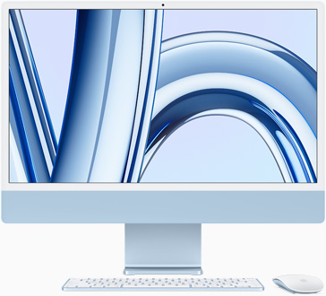 Vista frontal de un iMac azul con la pantalla hacia el frente