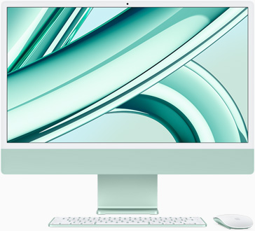 Vista frontal de un iMac verde con la pantalla hacia el frente