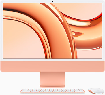 Vista frontal de un iMac naranja con la pantalla hacia el frente