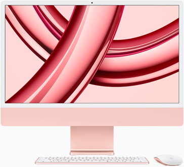 화면이 정면을 향하고 있는 핑크 색상 iMac의 모습.
