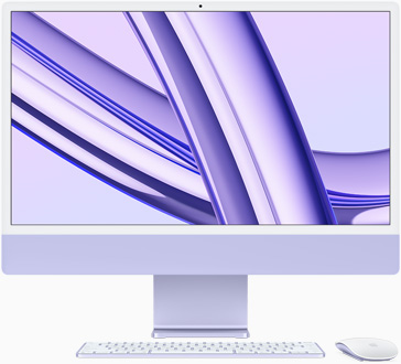 Vista frontal de un iMac morado con la pantalla hacia el frente