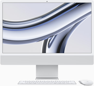 Un iMac color plata con la pantalla mirando al frente