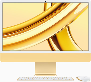 Un iMac amarillo con la pantalla mirando al frente