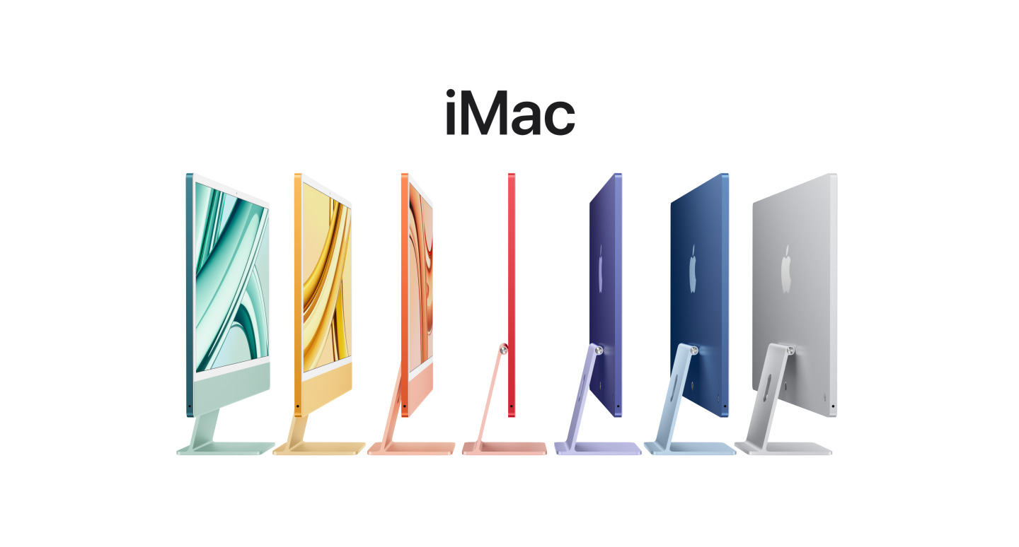 iMac ในสีเขียว สีเหลือง สีส้ม สีชมพู สีม่วง สีฟ้า และสีเงิน, วางเรียงเป็นแถว, แสดงให้เห็นโลโก้ Apple ที่อยู่ด้านหลังของจอภาพ
