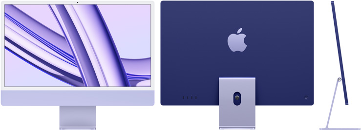 紫色 iMac 的正面圖、背面圖和側面圖