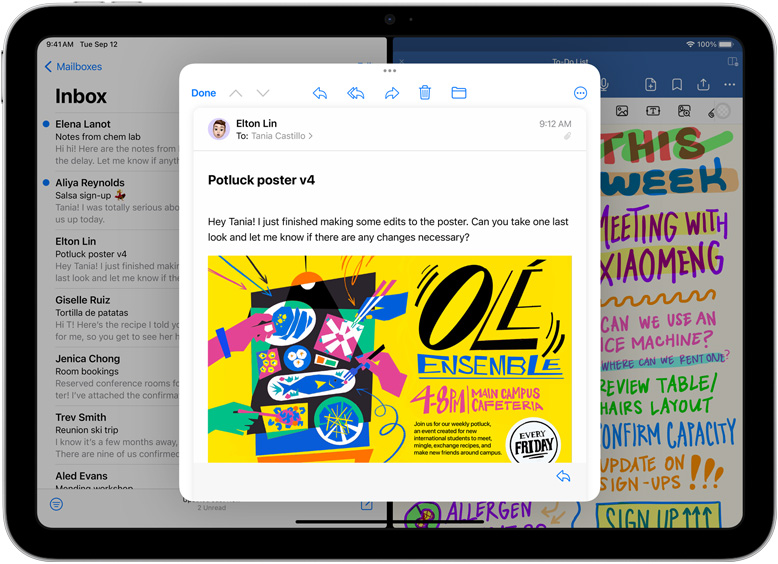 Aplikacje Mail i GoodNotes otwarte obok siebie na iPadzie