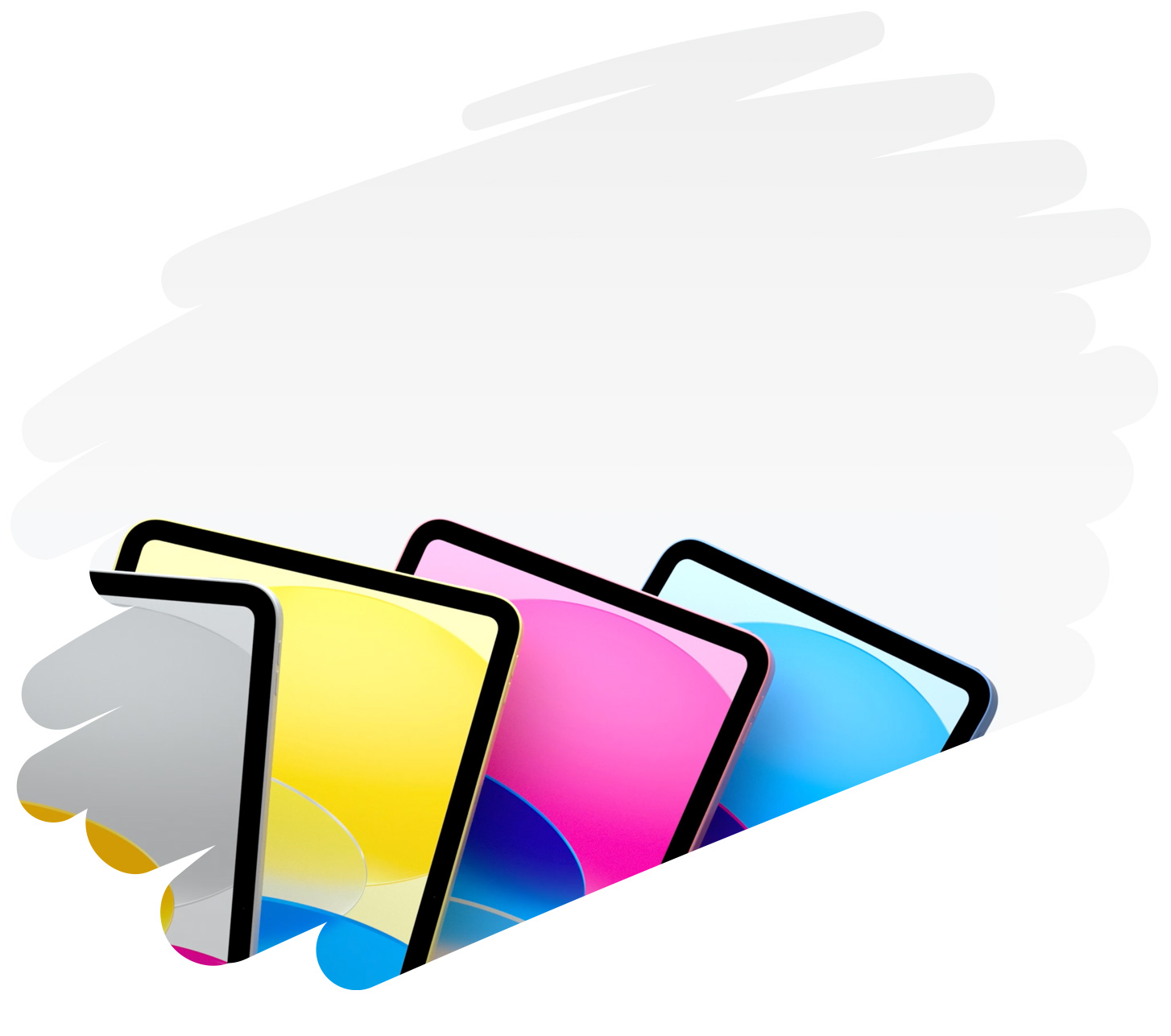 Kleurrijke iPad-modellen die worden getoond in een grote penseelstreek op de pagina.