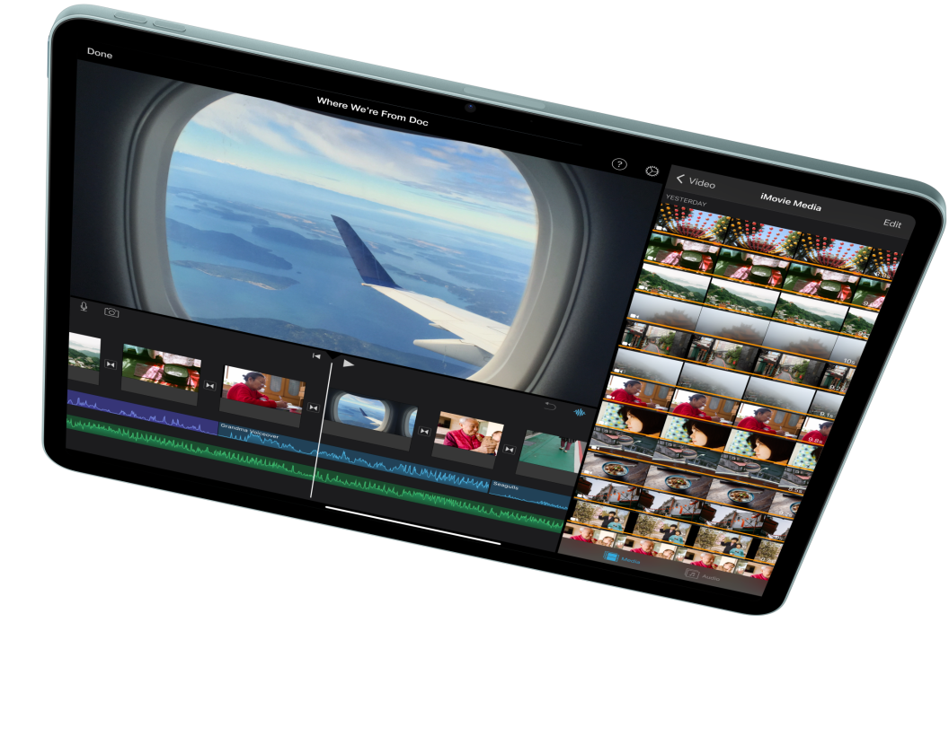 iPad Air in landscape orientation, showcasing video editing in iMovie