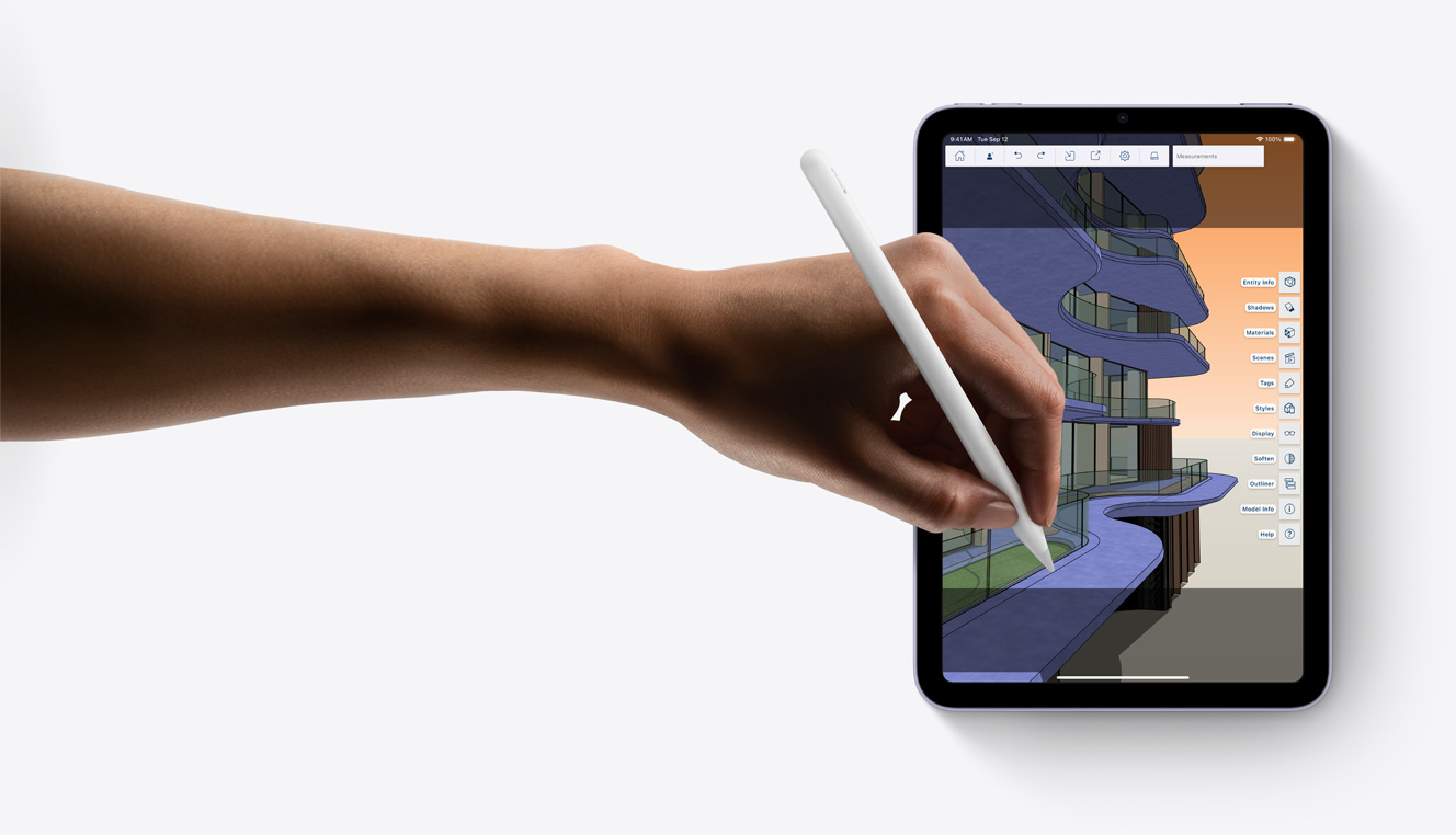 iPad mini의 SketchUp 앱에서 Apple Pencil을 사용하고 있습니다