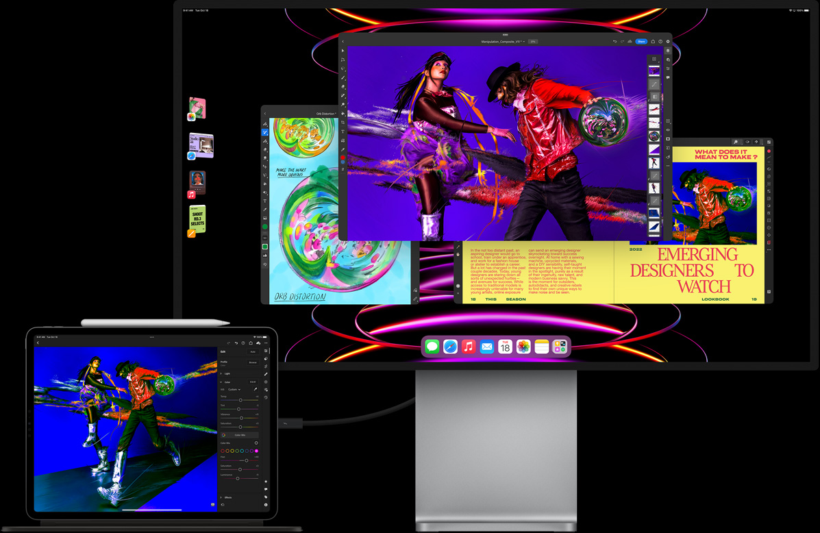 „iPad Pro“, kuriame rodoma „Luma Fusion“ programa, prijungtas prie išorinio ekrano, kuriame vaizduojamas kelių užduočių vykdymas naudojant „Stage Manager“